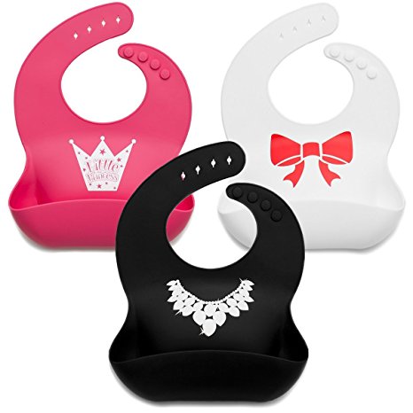 Kids N' Such Baby Bibs for Girls 3 Pack - 100% Food Grade Silicon - Waterproof with Food Catcher - Easy Clean - Anti Bacterial, Anti Microbial, Dishwasher Safe - Cute Designs for Your Baby Girl