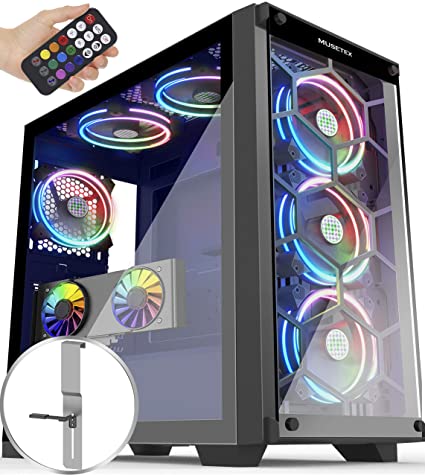 MUSETEX 6 ARGB Fans Honeycomb Airflow 2 × USB 3.0 Mid Tower Case with 2 Tempered Glass Panels Voice Remote Control, PC Gaming Case Computer Chassis Support E-ATX（MU3-MS6）