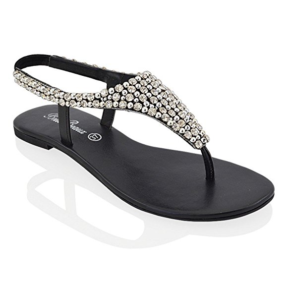 Essex Glam Womens Diamante Pearl Toe Post Flat Sandals