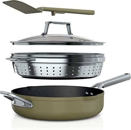 Ninja CW102GN Foodi NeverStick PossiblePan, Premium Set with 4-Quart Capacity Pan, Steamer/Strainer Basket, Glass Lid & Integrated Spatula, Nonstick, Durable & Oven Safe to 500°F, Olive Green