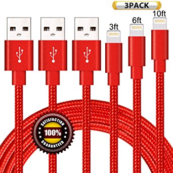 BULESK Lightning Cable 3Pack 3FT 6FT 10FT Nylon Braided Certified Lightning to USB iPhone Charger Cord for iPhone X 8 7 Plus 6S 6 SE 5S 5C 5, iPad 2 3 4 Mini Air Pro, iPod Nano 7 Red