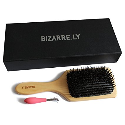 Professional Detangling / Styling Paddle Boar Bristle Hair Brush with Hair Removing Tool by Bizarre.ly - Best Wooden Detangler that Can be used with Blow Drying and Straightening