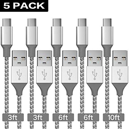 USB Type C Cable YJan 5 Pack(3FT 6FT 10FT) Charging Nylon Braided Changer USB C to USB A Sync & Charging Cord Compatible with Samsung Galaxy S9 S8 Note 8 LG V30 G6 G5 Pixel Nintendo Switch-Silver