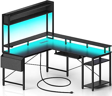 Rolanstar L Shaped Gaming Desk, 90.5“ Computer Desk with Monitor Stand & Hutch, Home Office Desk with LED Lights & Power Outlets, Corner Desk with Keyboard Tray, Carbon Fiber Black