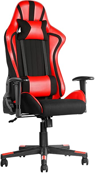 JJS Gaming Computer Chair, Home Office Racing Style Ergonomic Reclining Adjustable High Back PU Leather E-Sports Desk Chair with Removable Headrest Lumbar Support Cushion, Red
