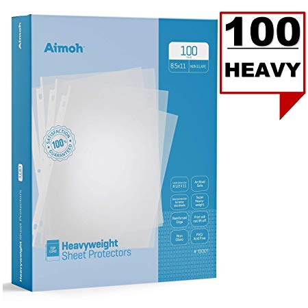Aimoh Heavyweight Reference Non–Glare Sheet Protectors 100-Count – Page Size – Fits 8.5 x 11 Paper – Reinforced Edge – 3 Hole Design – 9.25 x 11.25 – Top Load (13001)