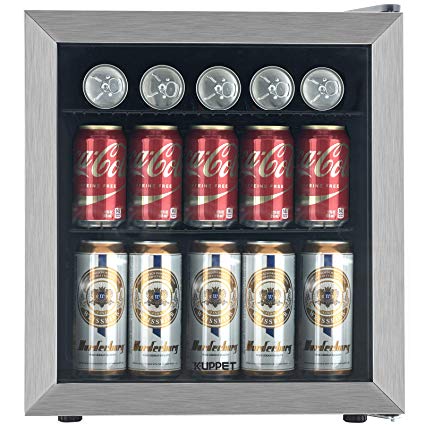 KUPPET 62-Can Beverage Cooler and Refrigerator, Small Mini Fridge for Home, Office or Bar with Glass Door and Adjustable Removable Shelves, Perfect for Soda Beer or Wine, Stainless Steel, 1.6 Cu.Ft.