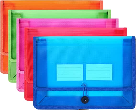 Eco-Friendly Plastic File Folders, Expanding Poly File Wallet, Transparent Expandable Envelope Organizer Document Folder with Elastic Band and Button Closure, with Small Two Pockets, 5 Colors
