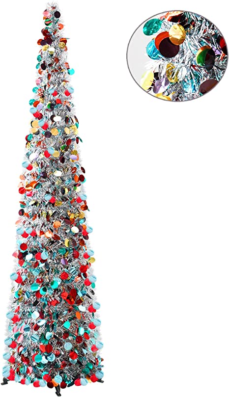 YuQi 5FT Pop Up Christmas Tinsel Slim Trees with Plump Shiny Sequins,Collapsible Artificial Pencil Xmas Tree Reusable with Plastic Stand for Fireplace & Office & Classroom,Party Decor-Colorful Silver