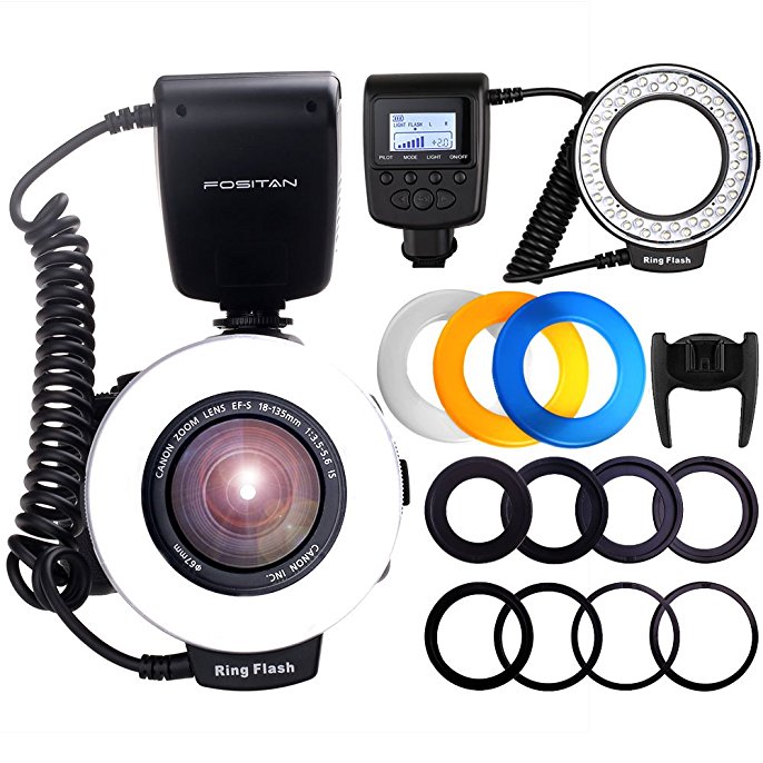 Ring Flash, FOSITAN 48 LEDS Macro Ring Flash Light for Nikon Canon, Macro Photography Light with LCD Display Power Control, 4 Flash Diffusers, 8 Adapter Rings for Nikon Canon DSLR Camera