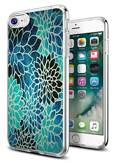 iPhone 8 Case Lotus,iPhone 7 Case Lotus,Gifun [Anti-Slide] and [Drop Protection] Clear Soft TPU Premium Flexible Protective Case for Apple iPhone 8/iPhone 7 - Vintage Blue Lotus Design