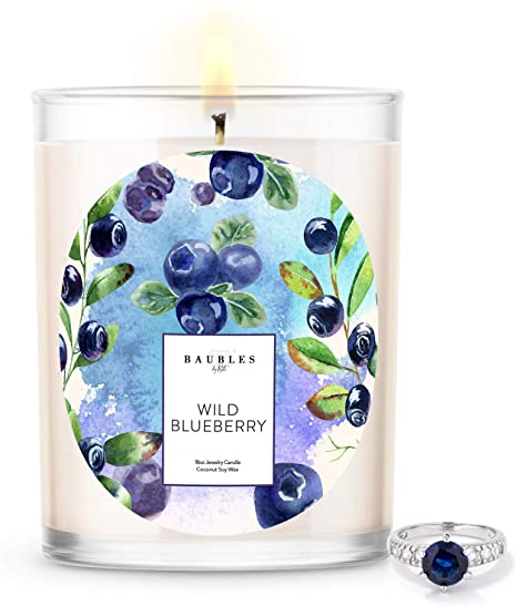 Kate Bissett Baubles Wild Blueberry Scented Premium Candle and Jewelry with Surprise Ring Inside | 18 oz Large Candle | Made in USA | Parrafin Free | Size 09