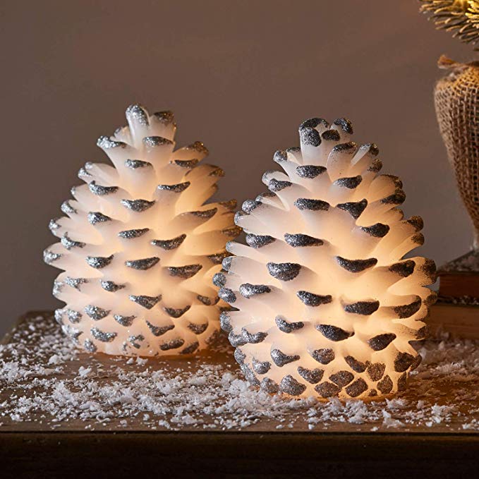 Lights4fun, Inc. 5.5" & 4.5" Set of 2 White Wax Pine Cone Battery Operated LED Flameless Candles Remote Control