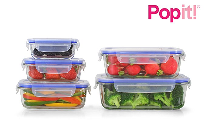 Glass Meal Prep Containers - 10 Rect Piece Set, Borosilicate Glass, High Heat Resistance (750 °F), BPA Free, 100% Leak Proof - Microwave, Freezer, Oven & Dishwasher Safe - Glass 5+5 Set, by Popit!