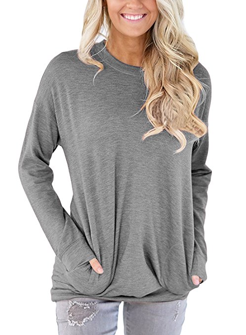 CadeVic Women's Casual Long Sleeve With Pocket Round Neck Sweatshirts Loose Blouses T Shirts Tops