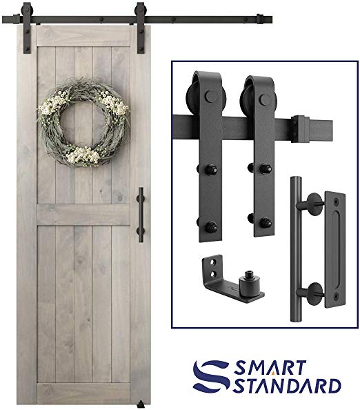 SMARTSTANDARD 5FT Heavy Duty Sturdy Sliding Barn Door Hardware Kit Single Track Rail, Super Smoothly and Quietly, Simple and Easy to Install Fit 30" Wide DoorPanel (J Shape Hanger)