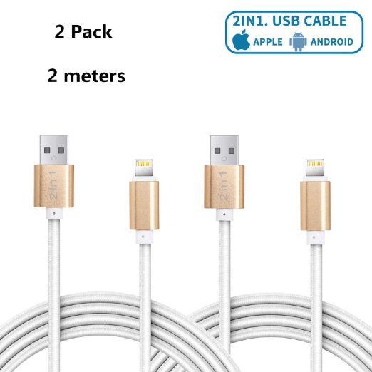 Micro USB Cable, Gaoye 2 Pack 6.6ft Metal 2 in 1 Lightning Cable With Micro USB Intelligent Charging Cord Data Sync Micro for Apple iPhone iPad Sumsung HTC LG Huawei Android Phones (White)