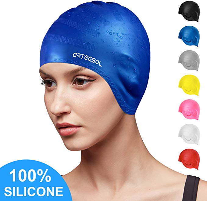 arteesol Swimming Cap, Silicone Swim Cap for Women Men, Durable Non-Slip Waterproof Swim Cap Protect Ears, Long Hair for Adults, Older Kids, Boys and Girls