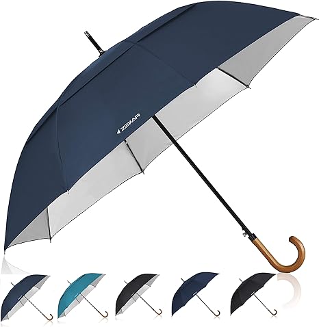 ZEKAR Wooden J-Handle Umbrella, 54/62 / 68 inch, UV & Classic Versions, Large Windproof Stick Umbrella, Auto Open for Men and Women (Navy-sun-protection, 62”)