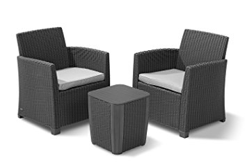 Keter 234078 Corona 3 Piece Set All Weather Outdoor Patio Balcony Furniture with Cushions, Graphite