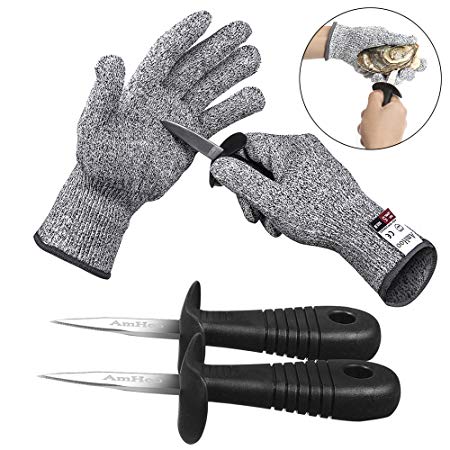 Oyster Knife Shucker Cut Resistant Glove Set Level 5 Protection Stainless Steel Clam Shellfish Seafood Opener EN388 Certified Food Grade by AmHoo (1 pair gloves   2 knives) (L)