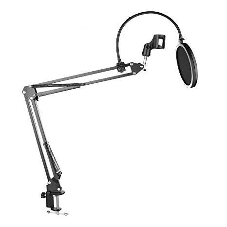 B-Qtech Set of Microphone Suspension Boom Scissor Arm and Pop Filter Desktop Mounted Stand for Music Recording Studio Broadcasting