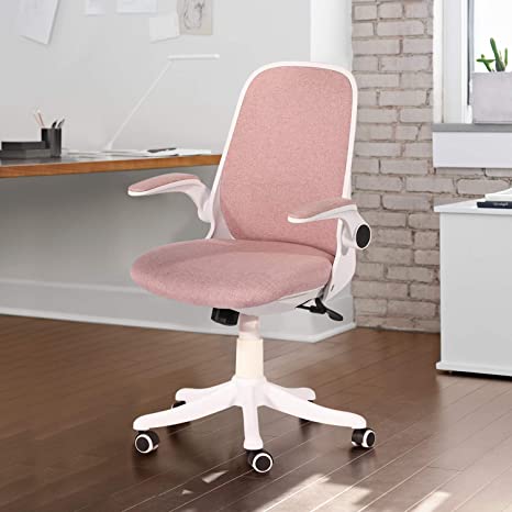 VECELO Home Office Chair with Flip-up Arms and Adjustable Height for Task/Desk Work,Coral Pink Fabric