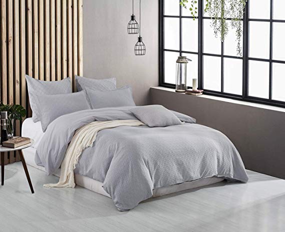 PHF Jacquard Duvet Cover Set Cotton Rich Bedding with Corner Ties Soft Cozy Breathable for Winter Light Grey King Size