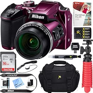 Nikon COOLPIX B500 16MP 40x Optical Zoom Digital Camera w/Wi-Fi - Plum (Renewed)   16GB SDHC Accessory Bundle