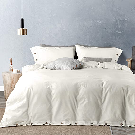 JELLYMONI White 100% Washed Cotton Duvet Cover Set, 3 Pieces Luxury Soft Bedding Set with Buttons Closure. Solid Color Pattern Duvet Cover Queen Size(No Comforter)