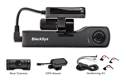 BlackSys CH-200 2 Channel Dash cam with 1920 x 1080p Full HD, Night Vision, GPS Mount, 16GB SD Card, Hardwiring Kit for Parking Mode