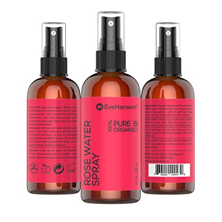 ORGANIC ROSE WATER SPRAY - 100% Pure & Natural Facial Toner with Uplifting Floral Scent. A few sprays & your face feels amazingly fresh with tender smell of roses! 4oz