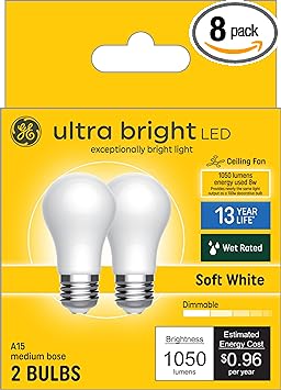 GE Ultra Bright LED Light Bulbs, 100 Watt Equivalent, Soft White, Ceiling Fan Frosted A15 Bulbs (8 Pack)