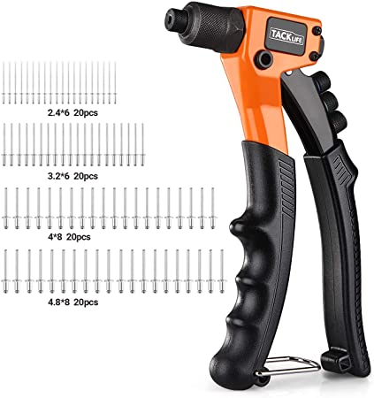 TACKLIFE Rivet Gun Kit with 80 Pcs Rivets, 4 in 1 Hand Riveter, 4 Tool-Free Interchangeable Heads -HHR3A