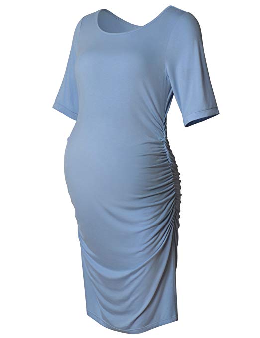 Maternity Bodycon Dress Short Sleeve Ruched Sides Knee Length Shirred Dress