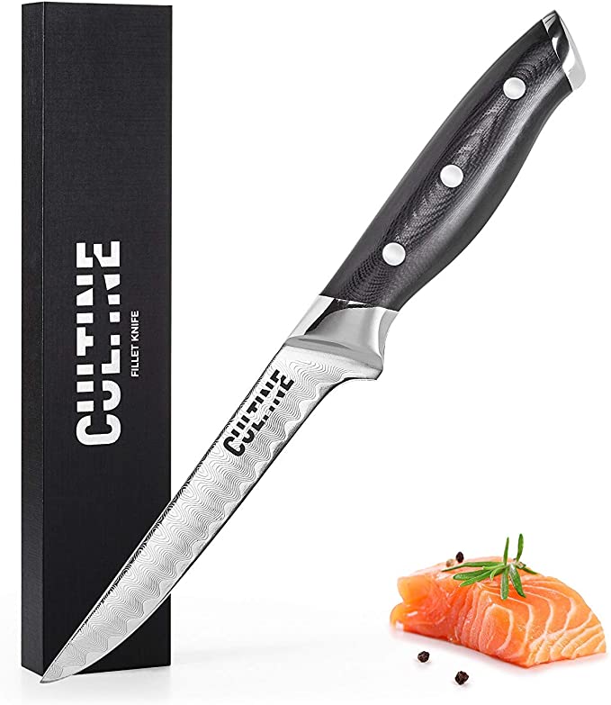 Boning & Fillet Knife by Cultine - Professional Heavy Duty 5.5-inch Sharp Knife for Meat, Sharp Damascus Steel Blade & Ergonomic Non Slip Micarta Handle