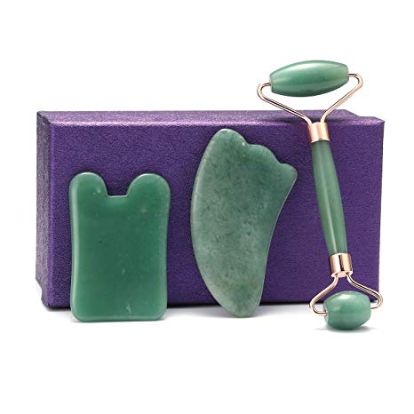 JOVIVI Jade Roller and Gua Sha Set for Face, 100% Natural Green Aventurine Jade Stone, Facial Body Eyes Neck Massager Tool Reduce Wrinkles Aging