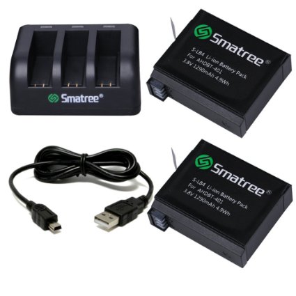 Smatree Replacement battery (2-Pack) and 3-Channel charger   USB Cord for Gopro Hero 4 Camera Camcorder