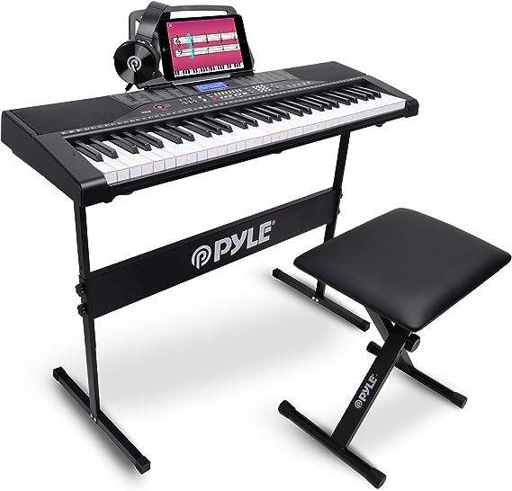 Pyle 61 Keys Digital Electronic Piano Keyboard with Bluetooth, Preset Selectable Tones, Digital LCD, Portable Musical Karaoke Electric Pianoforte, Includes Stand, Stool, Book Rack, and Headset