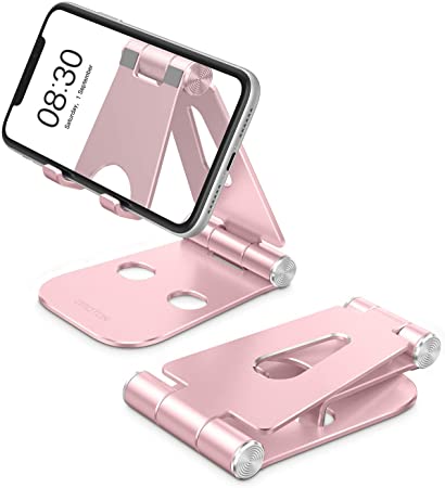 Foldable Cell Phone Stand, OMOTON Adjustable Aluminum Desktop Phone Holder Cradle Dock Compatible with iPhone Se 2/11 Pro Max/11 Pro/11, Samsung Note 10 Plus/S20 and Other Devices (4-9.7"), Rose Gold