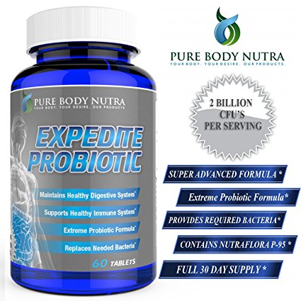 #1 Extreme Strength Probiotic Supplement - All Natural Probiotic Formula Promotes Optimal Health for adults of all ages. Safe Formula with Unique Is-2 , Nutra Flora P-95 and Billions of Live Cultures and Intestinal Flora in Every Serving. Pure Body Nutra Expedite Probiotics are 100% Vegetarian with No Known Side Effects! Don't settle for cheap and ineffective brands. Choose the absolute best , choose Pure Body Nutra Expedite Probiotics.