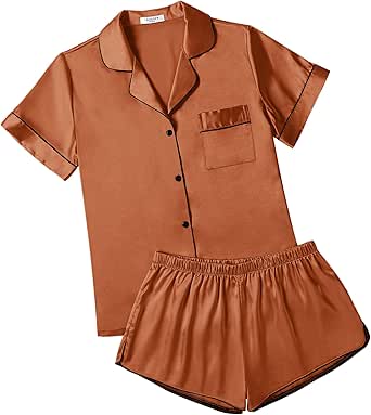 Ekouaer Womens Silk Satin Pajamas Short Sleeve Sleepwear Soft Button Down Loungewear 2 Piece PJS Shorts Set S-XXL