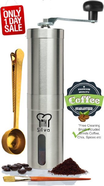Manual Coffee Grinder  Free Coffee Scoop and Brush- Stainless Steel Adjustable Burr coffee grinder  Herb and Spice Grinder mill- For French Press -Aeropress Compatible