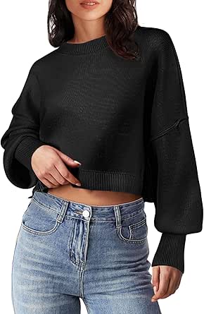 MEROKEETY Women's 2024 Crewneck Cropped Sweater Fall Batwing Sleeve Oversized Side Slit Ribbed Knit Pullover Jumper Tops