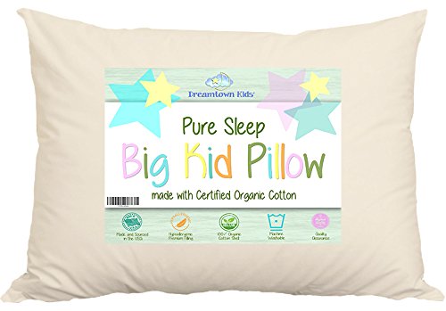Bed Pillow For Growing Kids Not Quite Ready For An Adult Size Delicate Handmade Organic Cotton Shell Your Pure Sleep 18x24 Size Works With Toddler and Kids Beds Made In USA