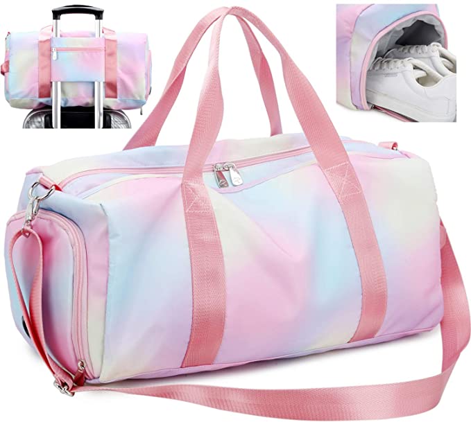 Weekender Duffel Sport Gym Bag Women Travel with Shoe Compartment Wet Pocket (Rainbow Pink)