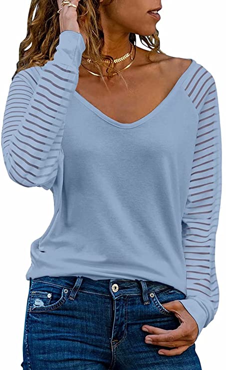 BLENCOT Womens Casual V Neck Long Sleeve Shirt Lace Striped Sheer Patchwork Solid Blouse Tops S-XXL