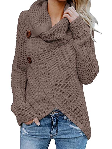 Shele Womens Turtleneck Sweater Warm Cable Knitted Loose Button Wrap Asymmetrical Pullover Tops