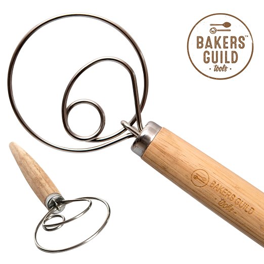 Original Danish Dough Whisk - Stainless Steel 13.5" Great for Bread, Pizza, Pastry. Dutch style whisk excellent choice over blender, mixers or hooks in artisan baking. By Bakers Guild Tools.