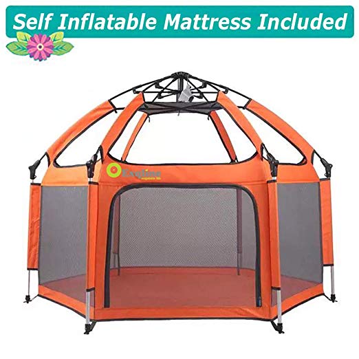 Baby Playpen, Exqline Kids Playpen with Safety Mattress and Stakes and Canopy for Infants and Babies, Foldable and Compact 6-Panel Baby Playard for Indoor and Outdoor Orange